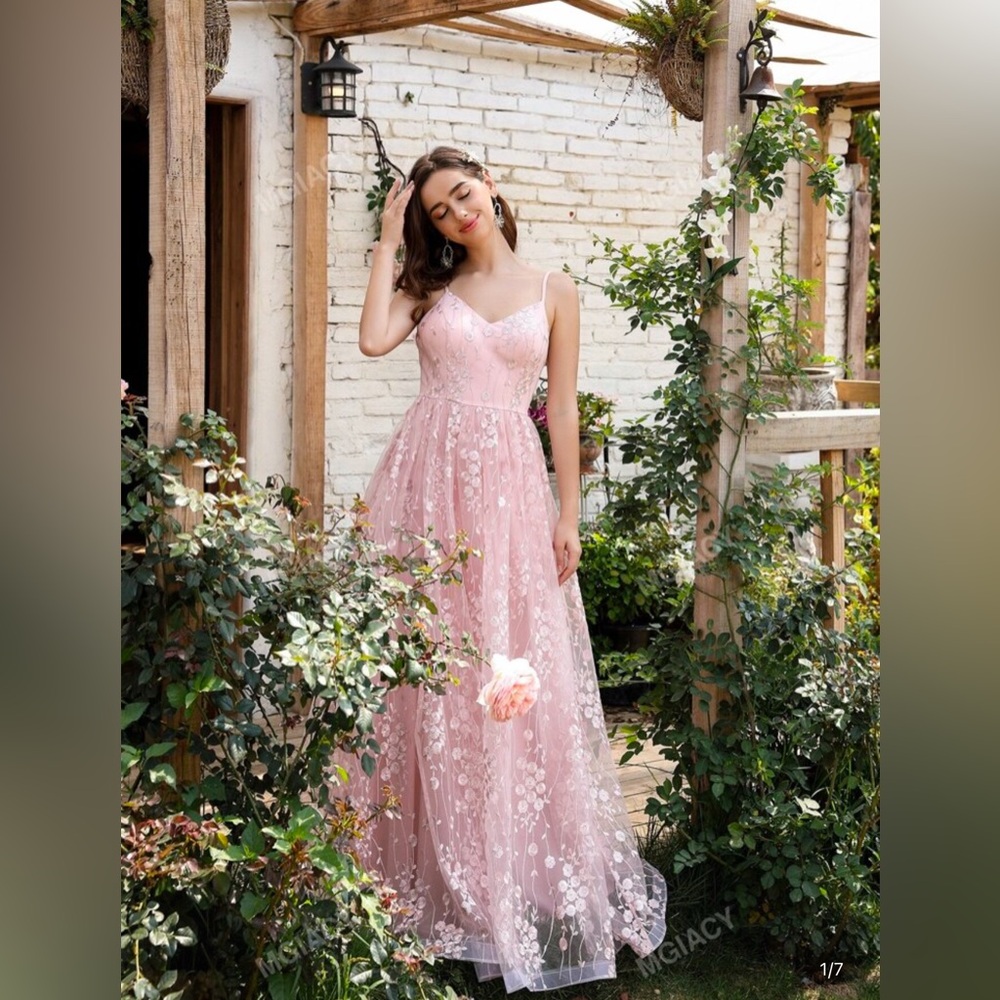 Embroidery Mesh Overlay Cami Flowy Dress Elegant Bridesmaid Dress small